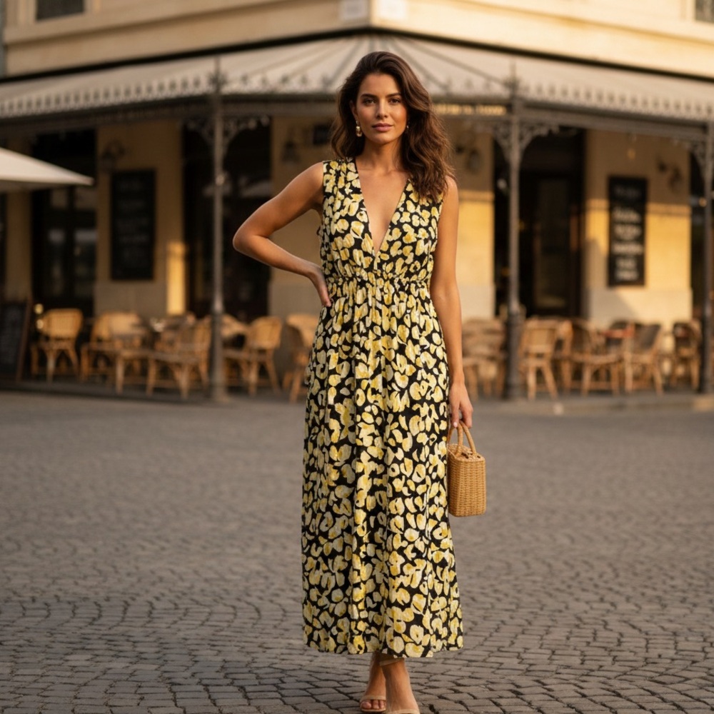 NWT & Other Stories Sz 4 Yellow Black Floral V Neck Cottagecore Midi Dress